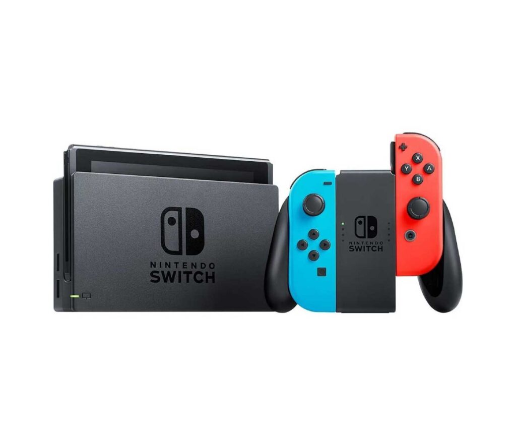 The best-selling Nintendo Switch console, featuring vibrant red and blue Joy-Con controllers, sits next to its docking station. Both the console and dock proudly display the iconic Nintendo Switch logo on a pristine white background.