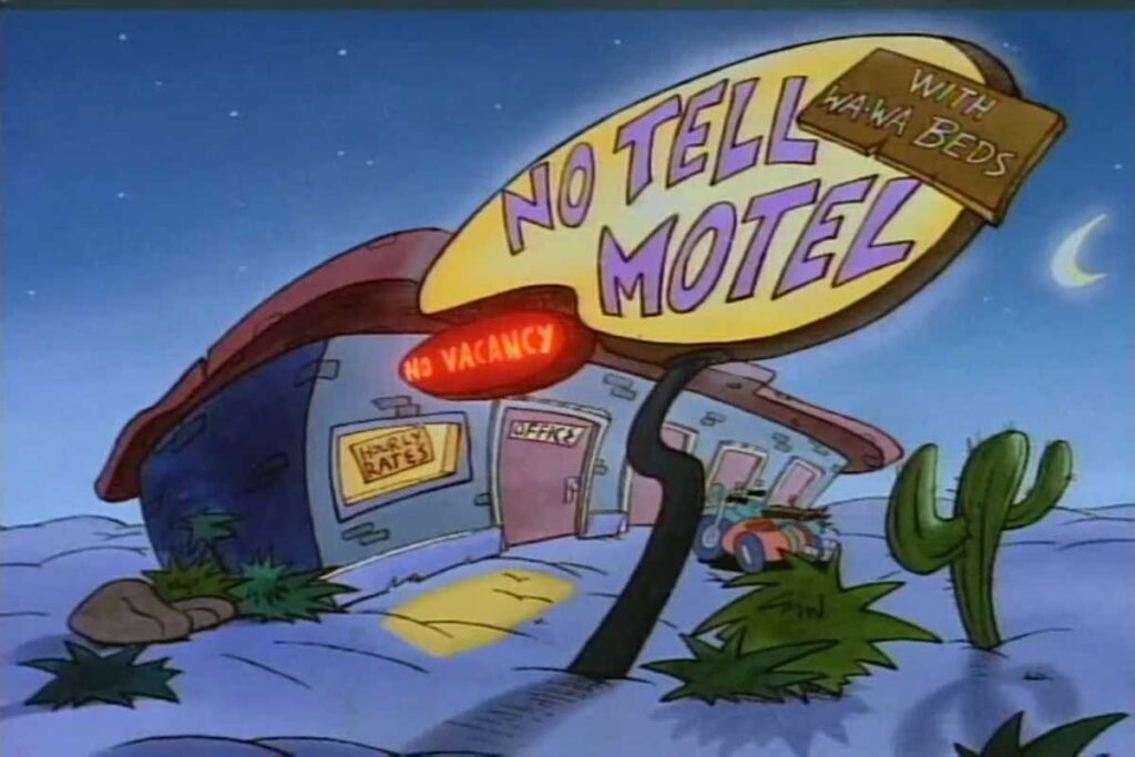 Cartoon image of a motel with a neon sign reading No Tell Motel and No Vacancy. The building is surrounded by desert terrain, a cactus, and features signs advertising Hourly Rates and Nana Beds, under a crescent moonlit sky.