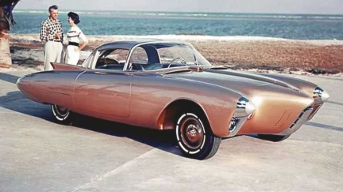 Gold Oldsmobile Golden Rocket (1956) concept car at the beach