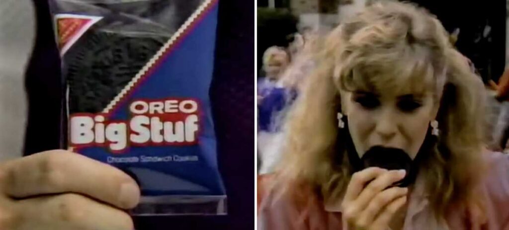 Split image: On the left, a hand holds a packaged Oreo Big Stuf chocolate sandwich cookie, a beloved treat among discontinued snacks from the 90s. On the right, a person with long hair takes a nostalgic bite from the same type of cookie outdoors.