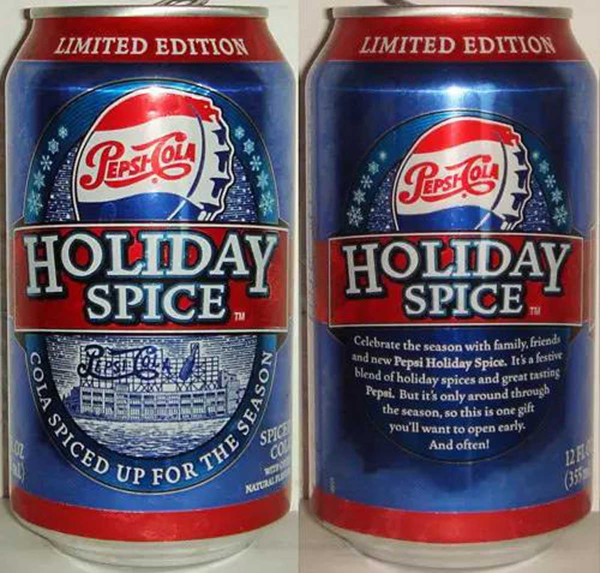 Front and back of a Pepsi Holiday Spice can