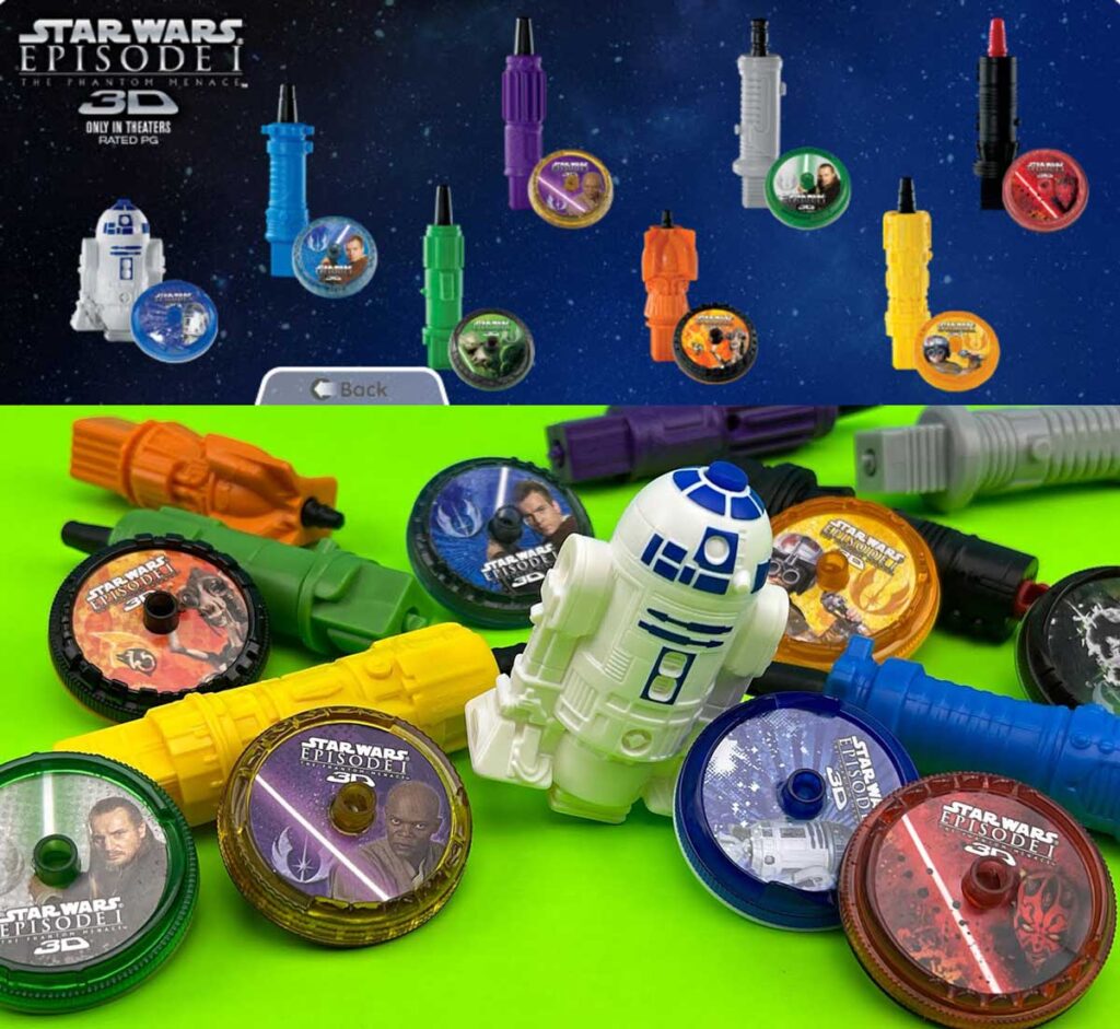 A collection of Star Wars Episode I-themed toys, including colorful spinning tops and character figures. Featured prominently is an R2-D2 figure with several tops on a vibrant green background, promoting the movies 3D release.