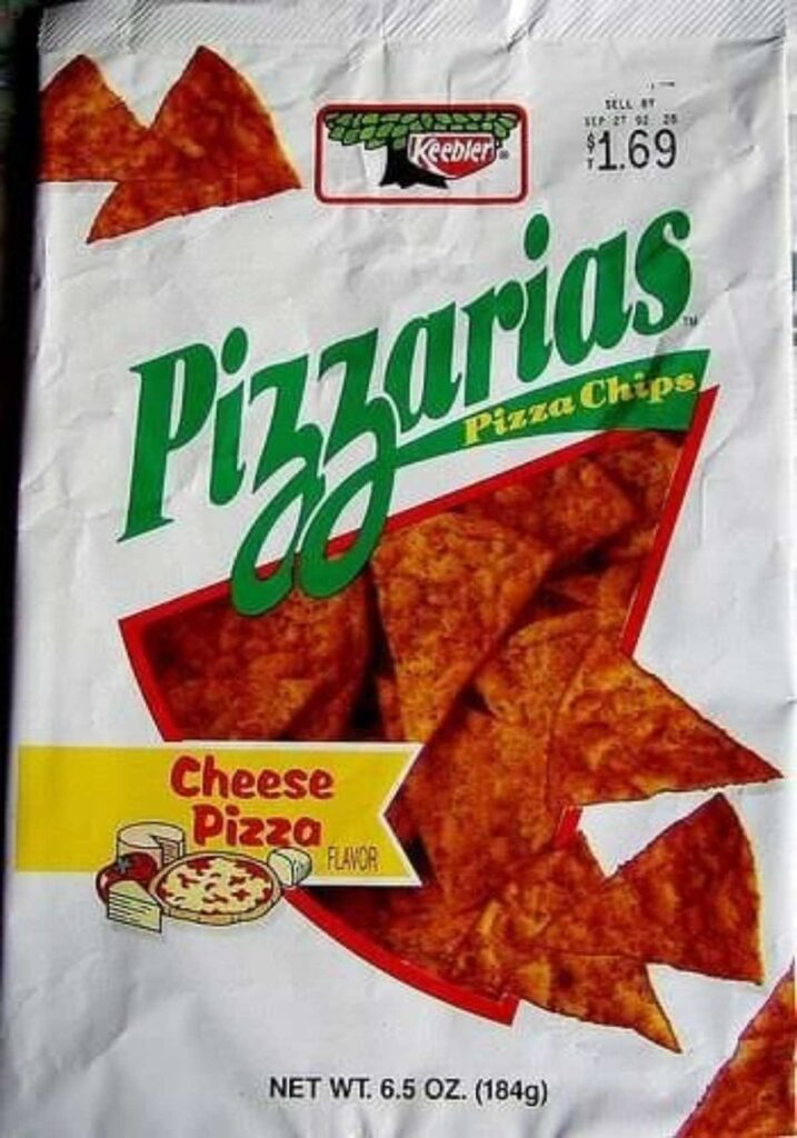 A bag of Keebler Pizzarias Pizza Chips, a discontinued snack from the 90s, brims with cheese pizza flavor, showcasing images of triangular chips and a small cheese pizza illustration. The white bag bears a $1.69 price sticker and holds a net weight of 6.5 oz (184g).