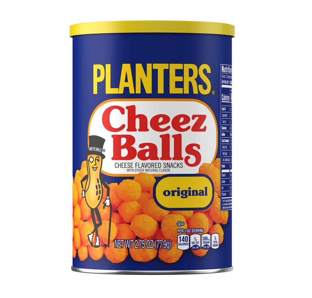 A can of Planters Cheez Balls, boasting a nostalgic blue and yellow design with the Planters logo and Mr. Peanut character. This iconic discontinued snack from the 90s features cheese-flavored snacks labeled as original. Net weight is 2.75 oz (77.9g).