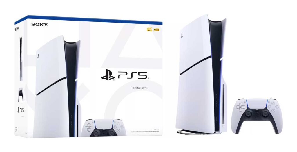 Image of a best-selling video game console, the PlayStation 5, alongside its DualSense controller and packaging box. The PS5 features a sleek white design with black accents, while the box prominently displays the PS5 logo and Sony branding.