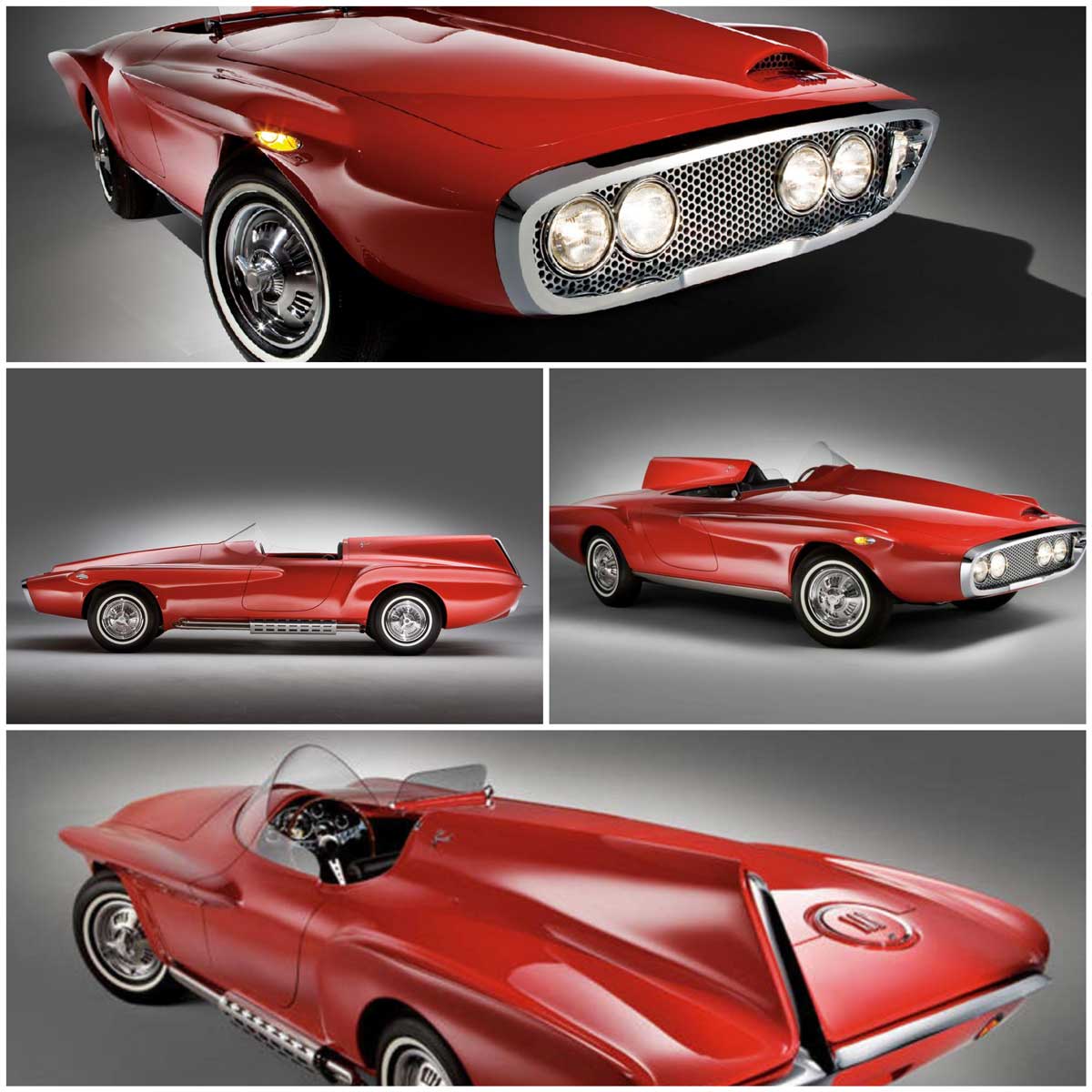 Four panels of different angles of the Plymouth XNR (1960) concept car