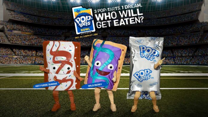 Three people in Pop-Tarts costumes stand on a football field. Costumes represent Hot Fudge Sundae, Wild Berry, and Silver Foil flavors. Text reads, 3 Pop-Tarts. 1 Dream. Who Will Get Eaten? Stadium crowd in the background.