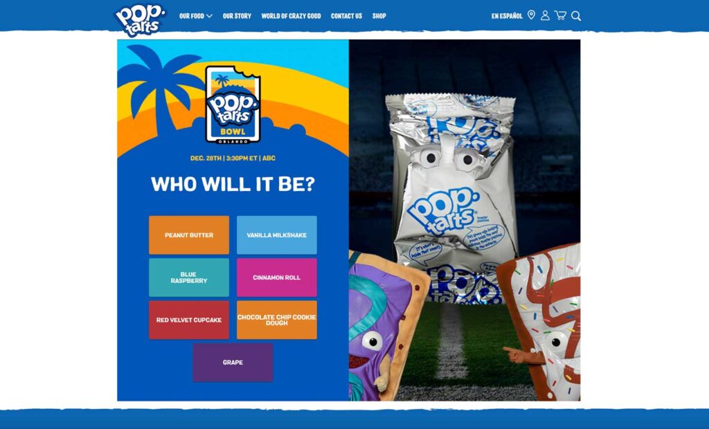 Pop-Tarts promotional image featuring a question Who will it be? with choices: Peanut Butter, Vanilla Milkshake, Blue Raspberry, Cinnamon Roll, Red Velvet Cupcake, Chocolate Chip Cookie Dough, and Grape. A wrapped Pop-Tarts package is displayed on the right.