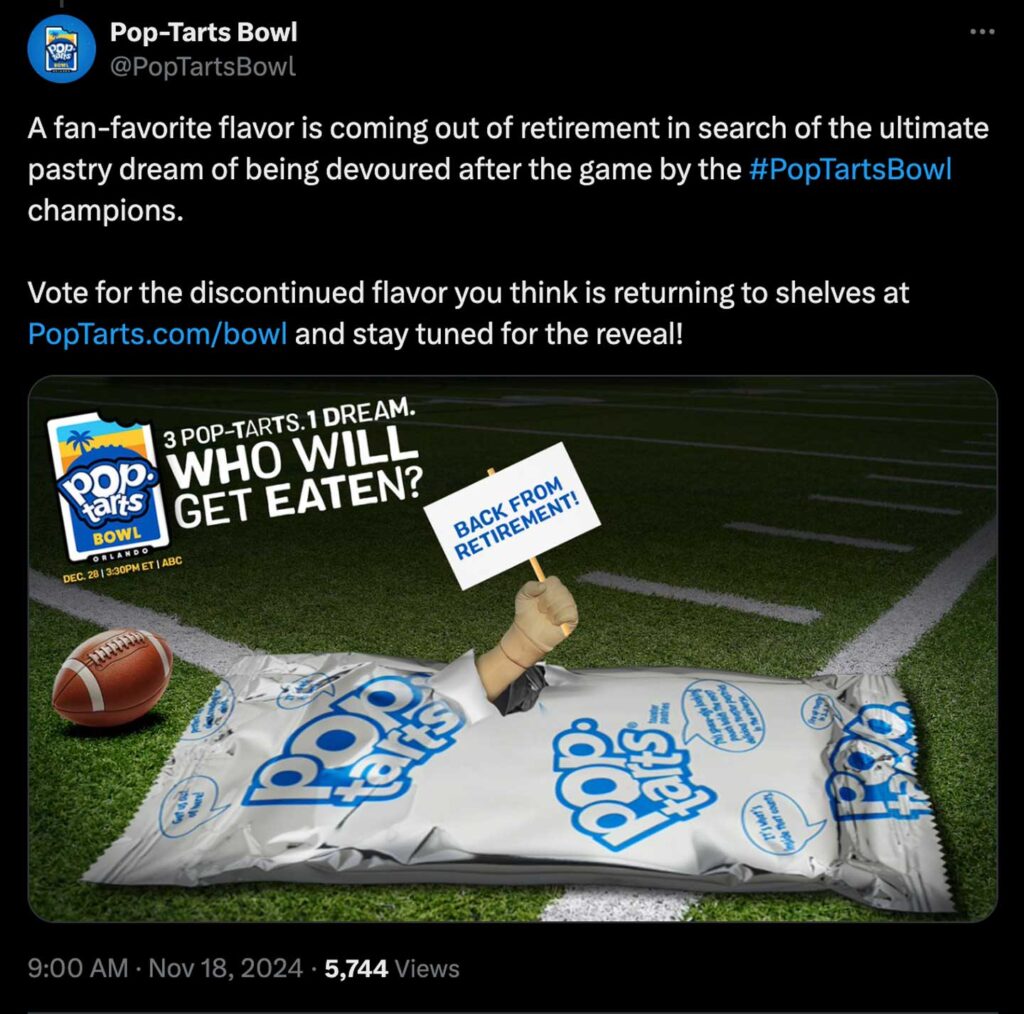 A tweet from Pop-Tarts Bowl features a Pop-Tart with a foam finger, emerging from a foil wrapper on a football field. Text reads: Who will get eaten? and Back from retirement! Voting details for a flavors comeback are included.