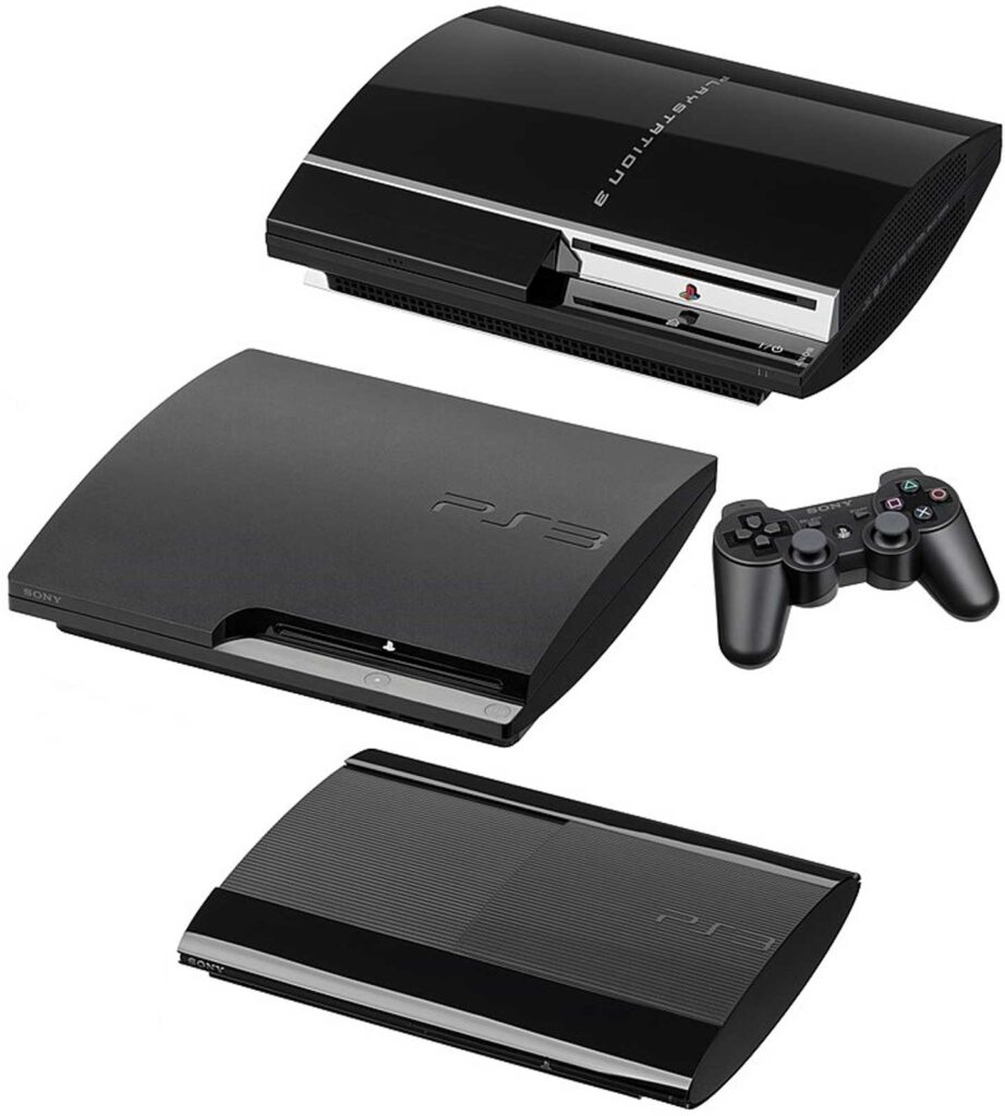 Image showing three models of the best-selling video game console, PlayStation 3. The top is the original with a gloss finish, the middle is the Slim version, and the bottom is the Super Slim version. A black PS3 controller sits beside the Slim version.