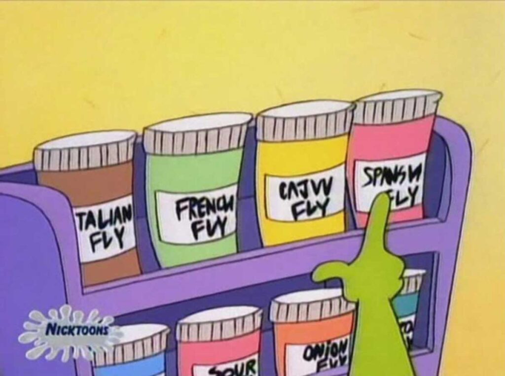 A cartoon hand pointing to a shelf with jars labeled Italian Fly, French Fly, Cajun Fly, and Spanish Fly. The jars are colorful and lined up neatly. A Nicktoons logo is visible in the bottom left corner.