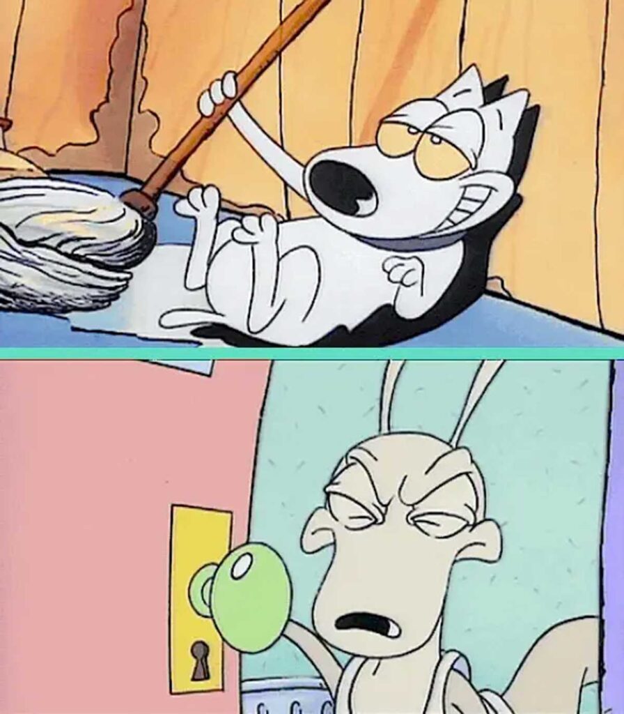 Top panel: A cartoon dog lounges with a mop, looking relaxed. Bottom panel: A cartoon kangaroo holds a doorknob, appearing annoyed or suspicious.