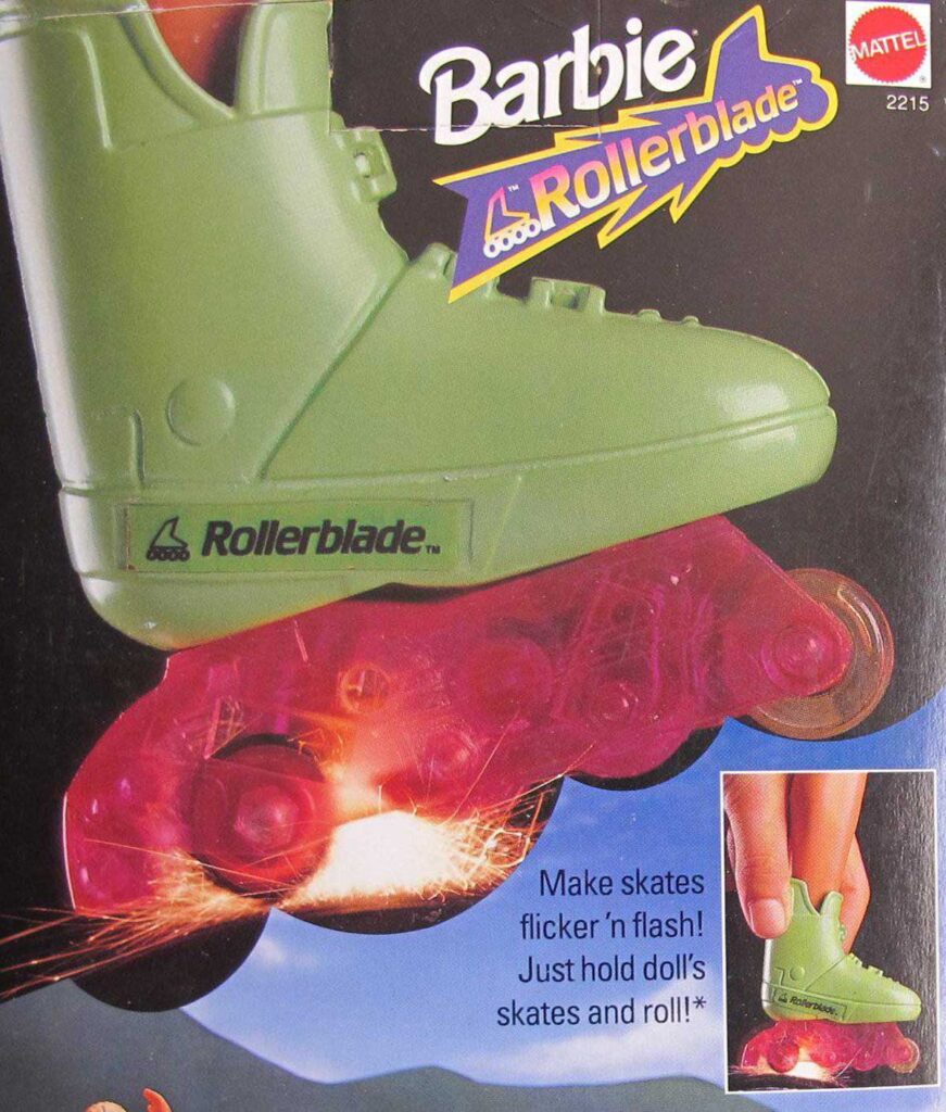 Close-up of a green Barbie rollerblade toy with pink wheels that emit sparks when rolled. Text says, Make skates flicker n flash! Just hold dolls skates and roll! The Mattel logo is in the top right.