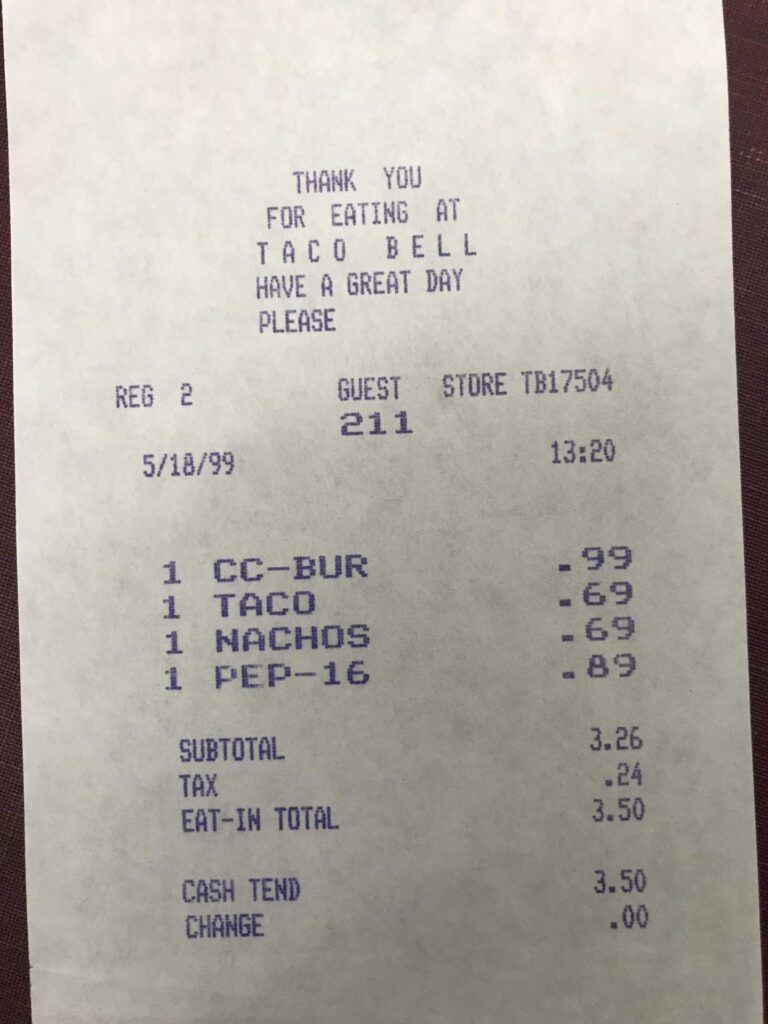 Taco Bell receipt from 1999