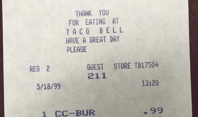 A Taco Bell receipt dated May 18, 1999. It includes a transaction time of 13:20 and guest number 211. The purchase consists of one item, labeled 1 CC-BUR, priced at $0.99. The receipt expresses gratitude and wishes for a great day.