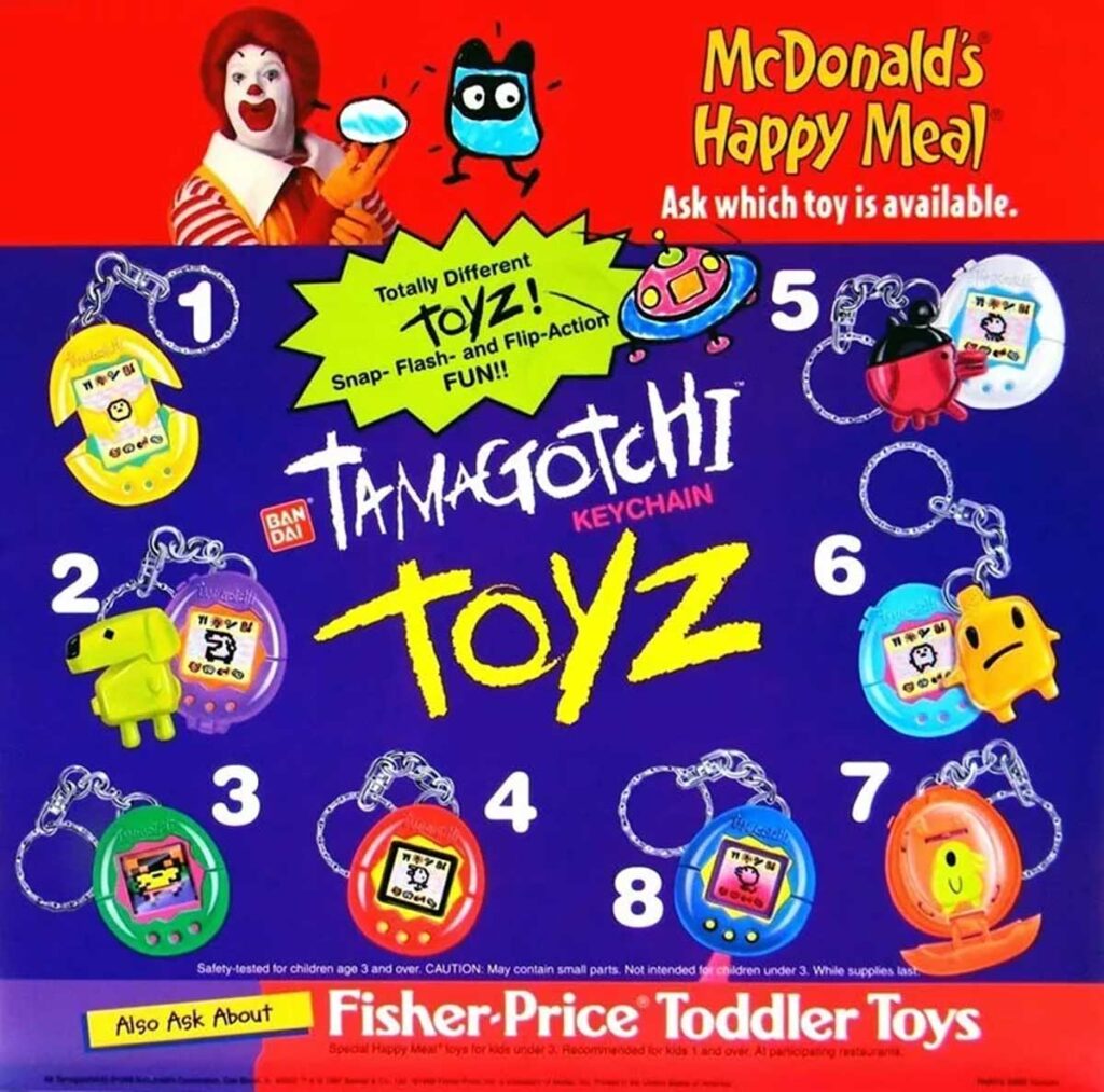 Image of a McDonalds Happy Meal promotional poster featuring Tamagotchi keychain toys. The poster showcases 12 different colorful Tamagotchi designs, each with a unique character, available as part of the toy selection.