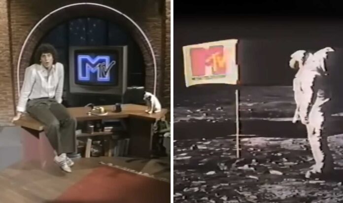 MTV's first broadcast: A split image shows a person sitting on a desk with a cat beside a TV displaying the MTV logo on the left, and an astronaut planting an MTV flag on the moon on the right.