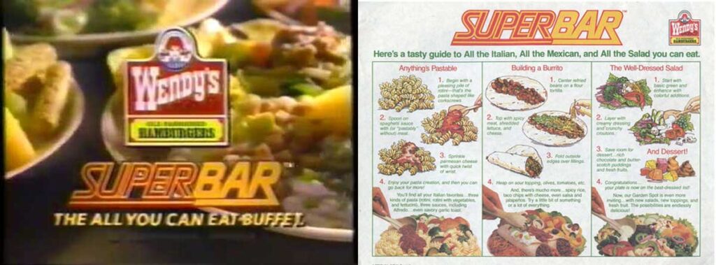 A split image reveals a vintage advertisement for Wendy's SuperBar, one of the beloved discontinued fast food items. The left side features the logo with the tagline "The All You Can Eat Buffet," while the right side presents a menu with Italian, Mexican, salad, and dessert options.