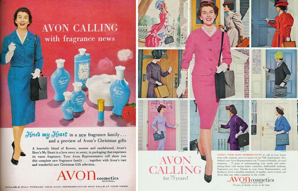 Avon Lady - Two print advertisements for Avon Cosmetics that feature a woman in a skirt suit and the phrase "Avon Calling"