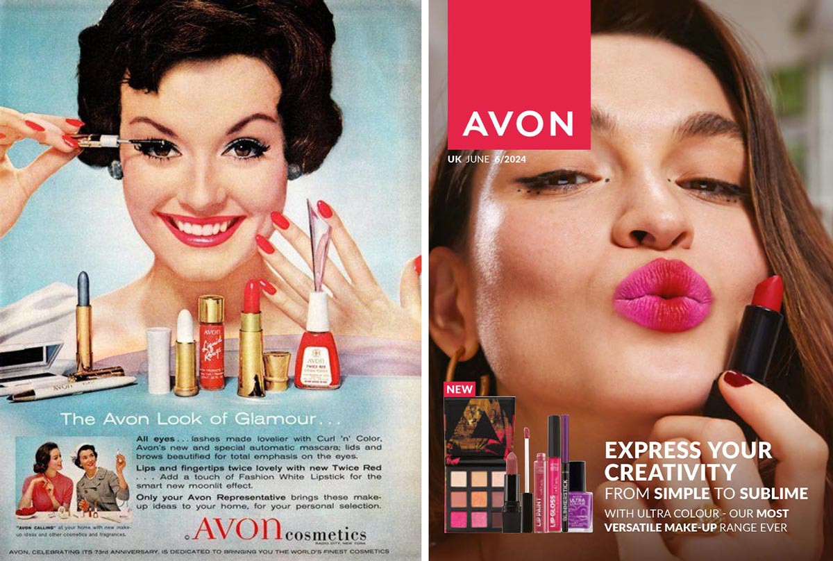 Avon Lady: Two panels - Left is a vintage avon advertisement and right is the cover of an Avon catalog from June 2024.