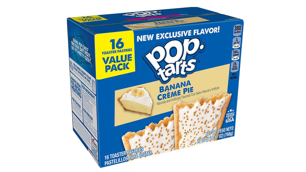 Image of a Pop-Tarts box featuring a new flavor, Banana Crème Pie. The blue and yellow package highlights 16 toaster pastries in a value pack, showing an image of the pastry and a slice of banana crème pie.