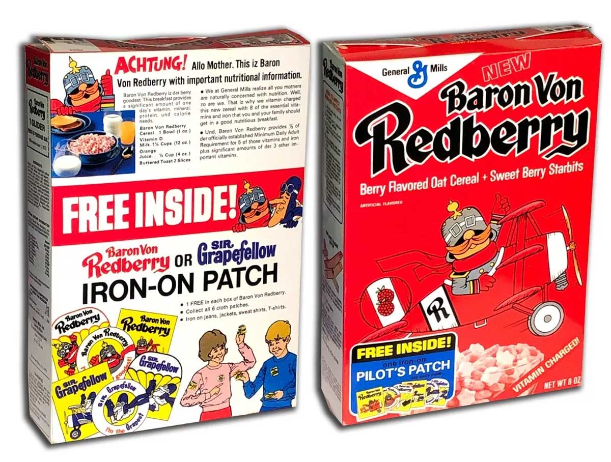 Front and back of a box of Baron Von Redberry cereal