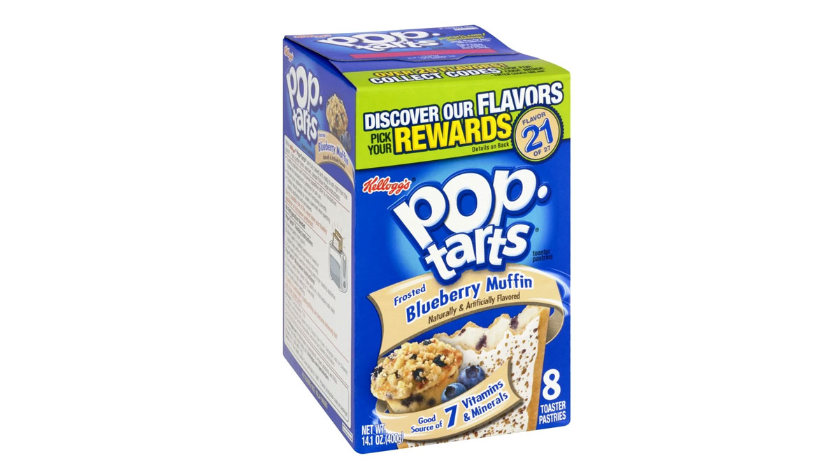 A box of Kelloggs Pop-Tarts featuring Frosted Blueberry Muffin flavor. The packaging highlights Discover Our Flavors, Pick Your Rewards and contains eight toaster pastries with seven vitamins and minerals.