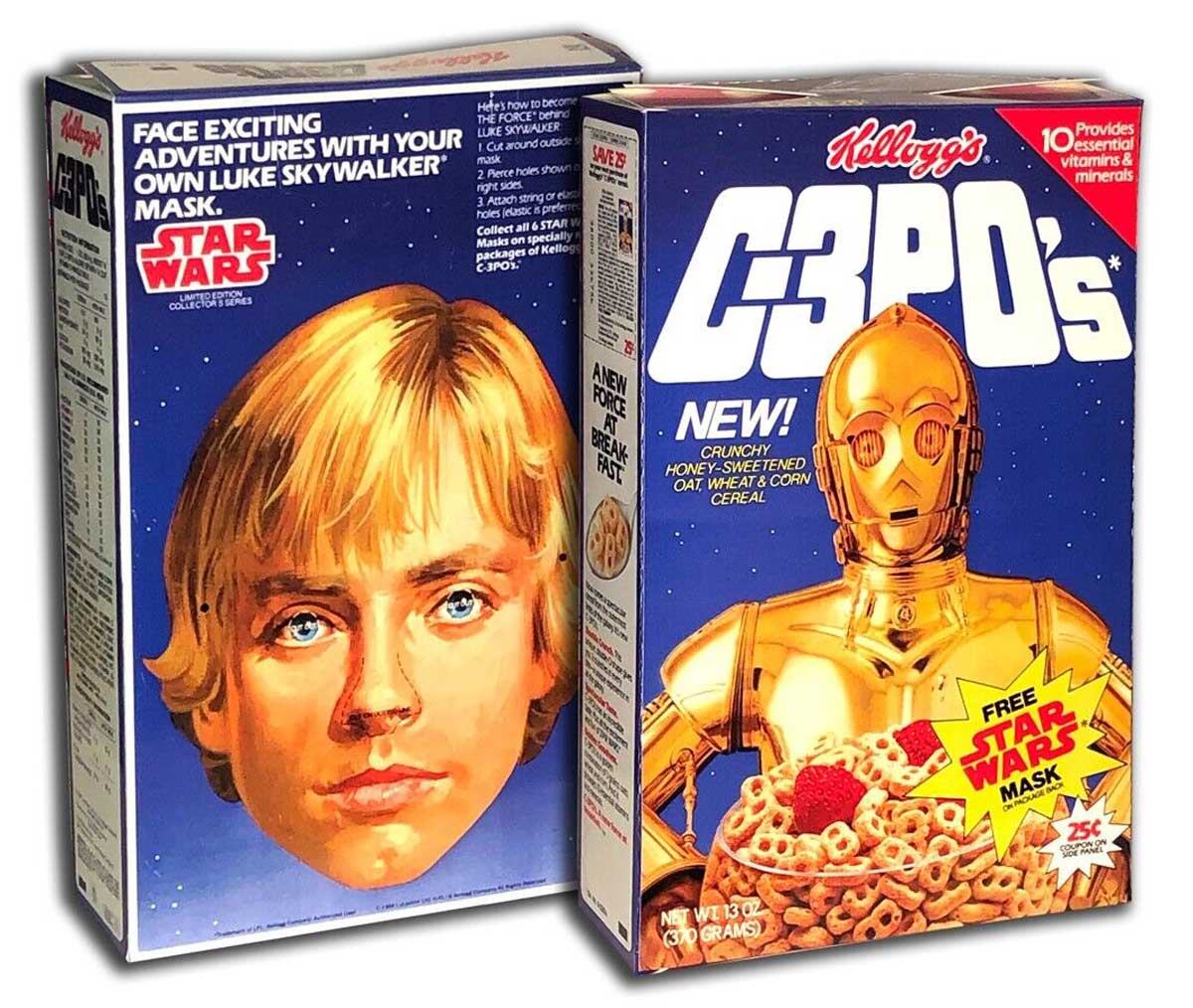 Front and back of a box of C-3PO's cereal with Star Wars branding feature discontinued breakfast cereals. One showcases a Luke Skywalker mask, while the other displays C-3PO and describes a honey-sweetened oat and corn cereal. Both highlight the free Star Wars mask promotion, making them collectors' favorites.