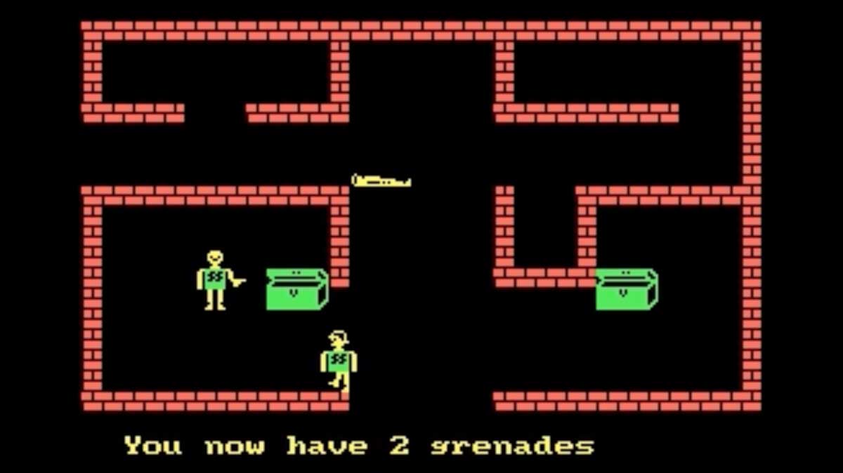 Still of gameplay from the 1981 computer game Castle Wolfenstein