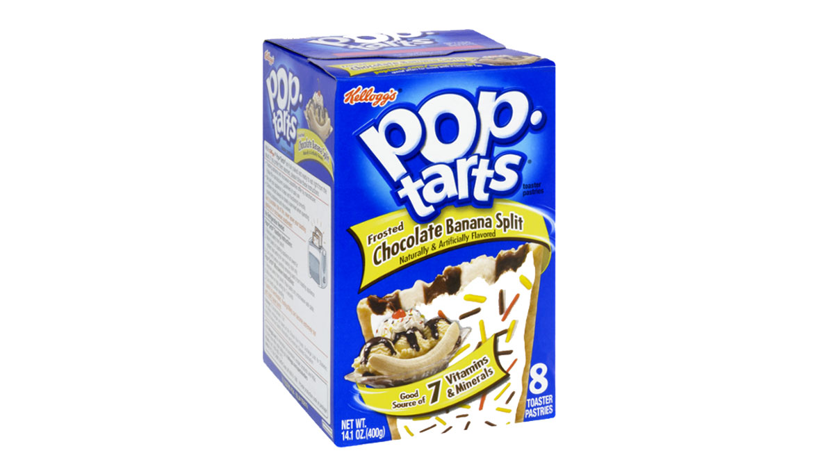 A box of Pop-Tarts in the Frosted Chocolate Banana Split flavor. The packaging is blue with an image of the pastry topped with chocolate, banana slices, and ice cream. The box contains 8 toaster pastries.