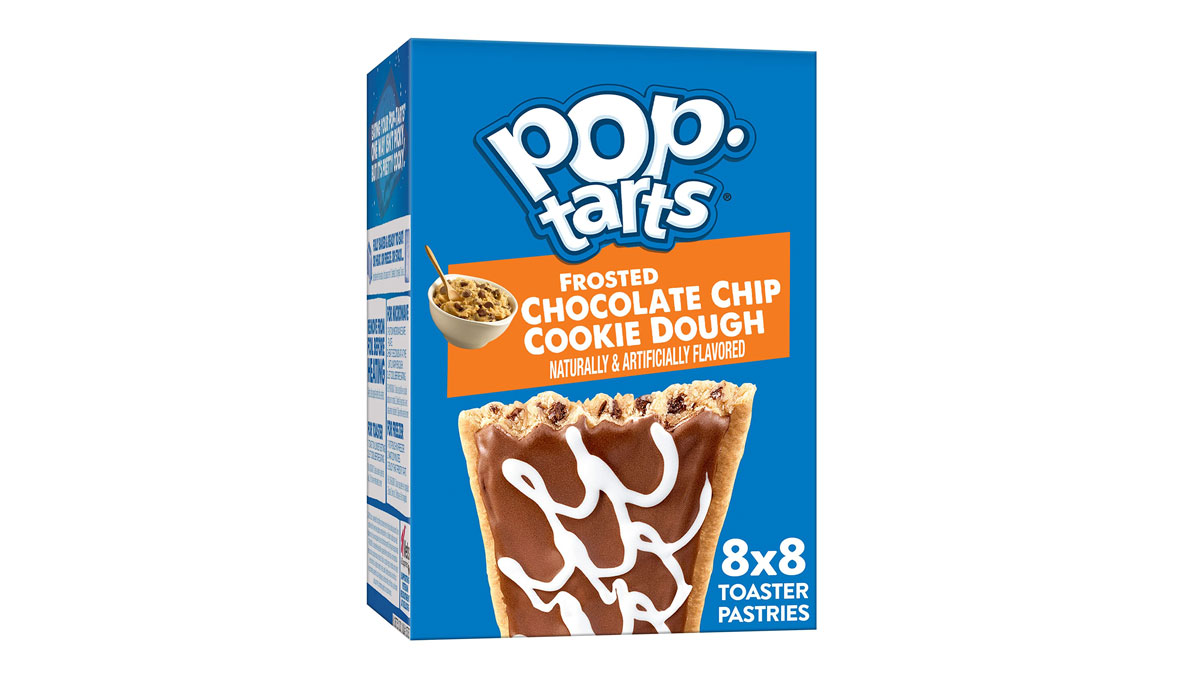A blue box of Pop-Tarts featuring Frosted Chocolate Chip Cookie Dough flavor. The front shows an image of the pastry with white frosting drizzle. The box notes 8 toaster pastries inside.