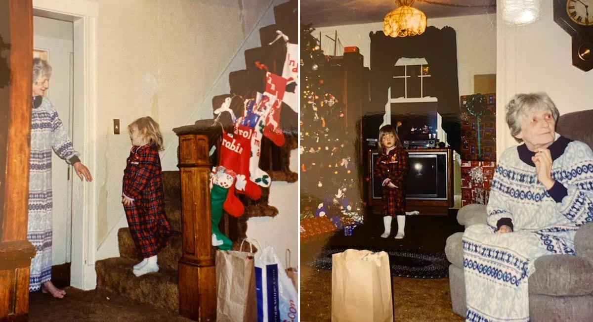 Two pictures of a little girl waiting for her grandma to finish drinking her coffee so she can unwrap presents on Christmas Morning in 1997.