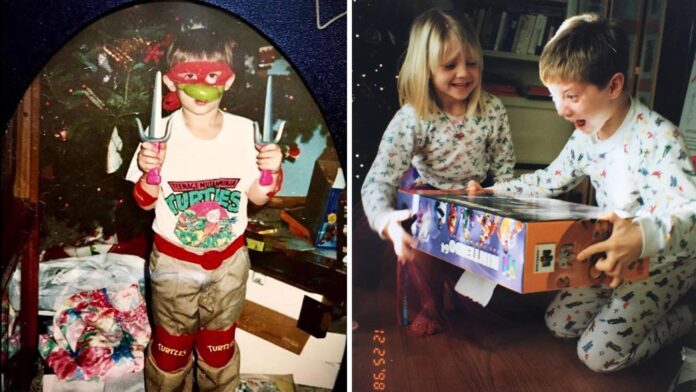 Nostalgic photos of Christmas Morning in the 90s - Left is a kid dressed up in Teenage Mutant Ninja Turtle gear and right is two kids freaking out while opening a Nintendo 64