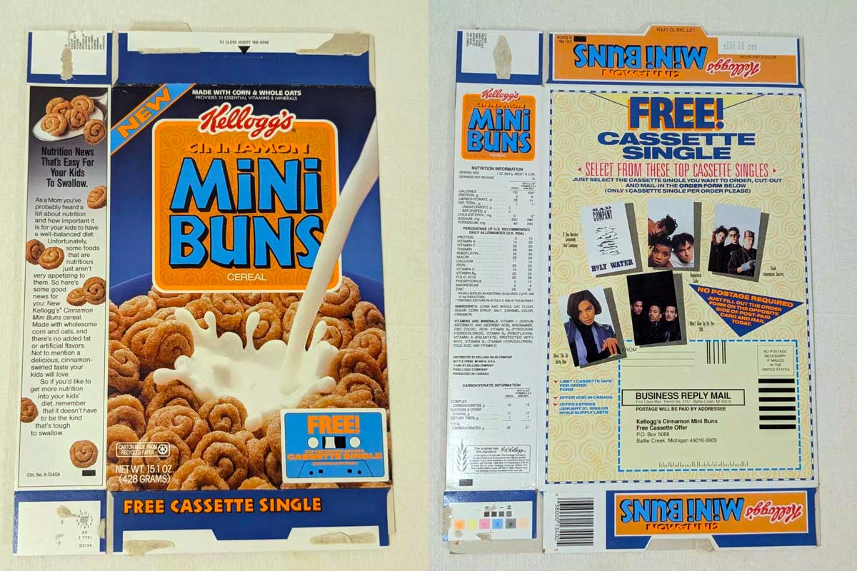 Front and back of a Kelloggs Cinnamon Mini Buns cereal box. 