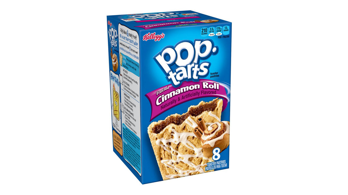 Box of Pop-Tarts Frosted Cinnamon Roll flavor, showing an image of cinnamon roll pastries. The box contains eight toaster pastries and has nutritional information on the side. The packaging is blue with white and purple accents.