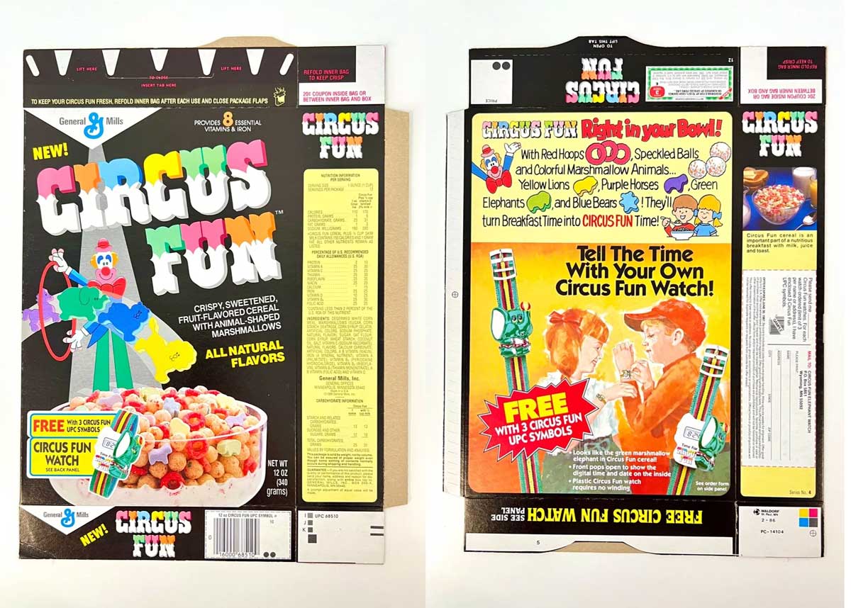 Flattened box for the Circus Fun cereal.