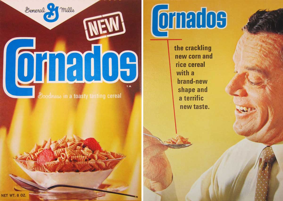 Two vintage cereal ads for the discontinued breakfast cereal, Cornados by General Mills. The left ad shows a bowl of this fiery delight with flames in the background, while the right features a smiling man ready to savor a spoonful, showcasing its new shape and taste.