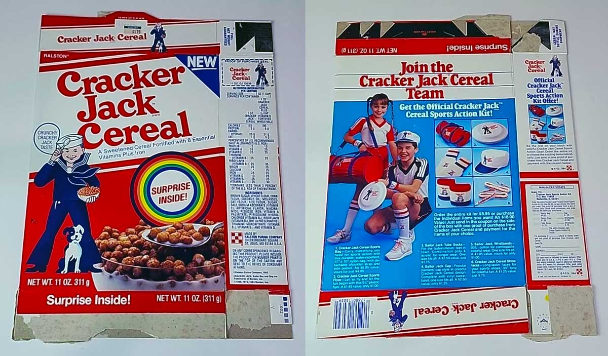 Box design for Cracker Jack Cereal, one of the beloved but discontinued breakfast cereals, featuring a boy with sports gear and a football. The front showcases a cereal bowl with "Surprise Inside" text. The back encourages joining a sports team and displays items like a cap and skateboard.