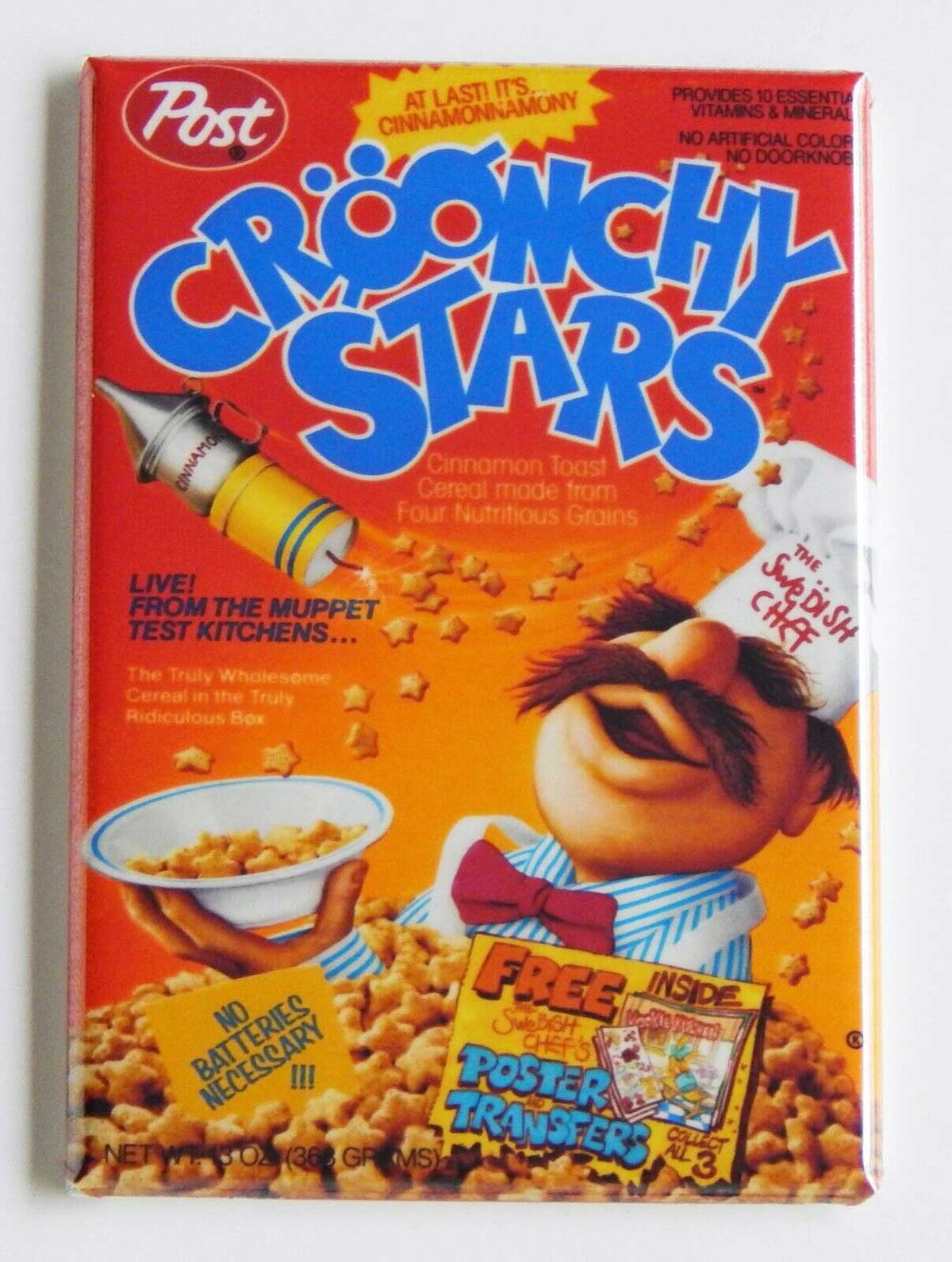 A vintage cereal box of Croonchy Stars, features The Swedish Chef from The Muppet Show. The colorful design includes a bowl of cereal, catchy promotional text, and a free poster inside.