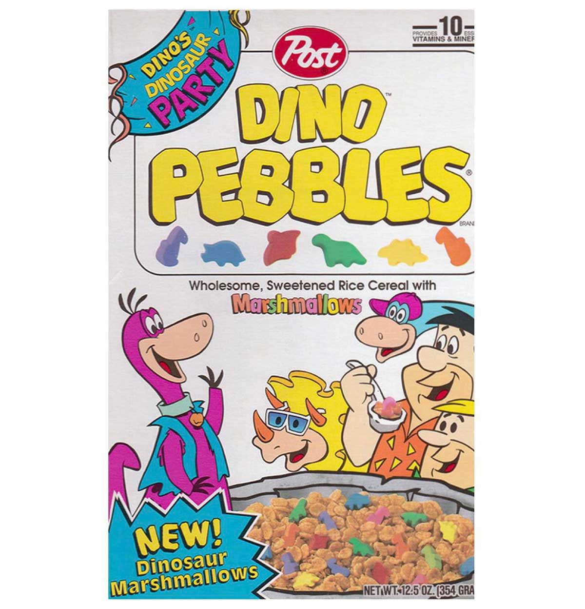 A brightly colored cereal box for Post Dino Pebbles, features cartoon dinosaurs and characters. The box highlights new dinosaur-shaped marshmallows, with a bowl of colorful cereal shown at the bottom.