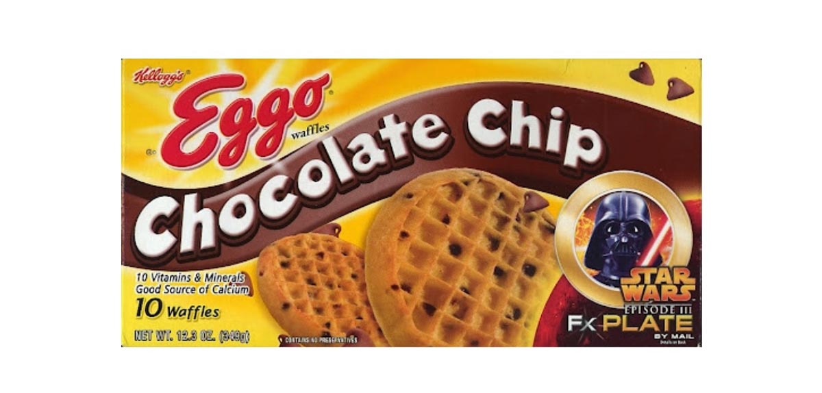 Eggo Waffles Chocolate Chip box. The box also includes a photo of Darth Vader and the words "Star Wars Episode III FX Plate by mail."