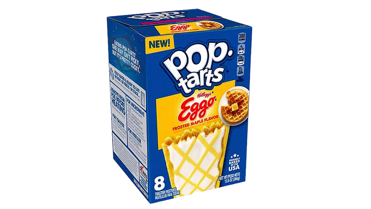 Discontinued Pop-Tarts flavors - A box of Pop-Tarts featuring Eggo Frosted Maple Flavor. The packaging is blue with an image of the pastry topped with icing and yellow gridlines to resemble an Eggo waffle. The box contains 8 pastries and is labeled NEW! on the top left.