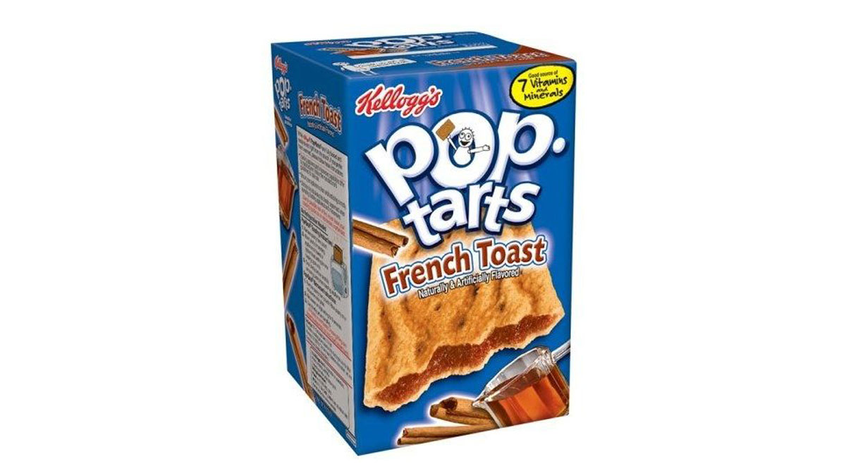 A box of Kelloggs Pop-Tarts with French Toast flavor. The packaging features an image of a toasted pastry with syrup and cinnamon sticks. The label mentions 7 vitamins & minerals.
