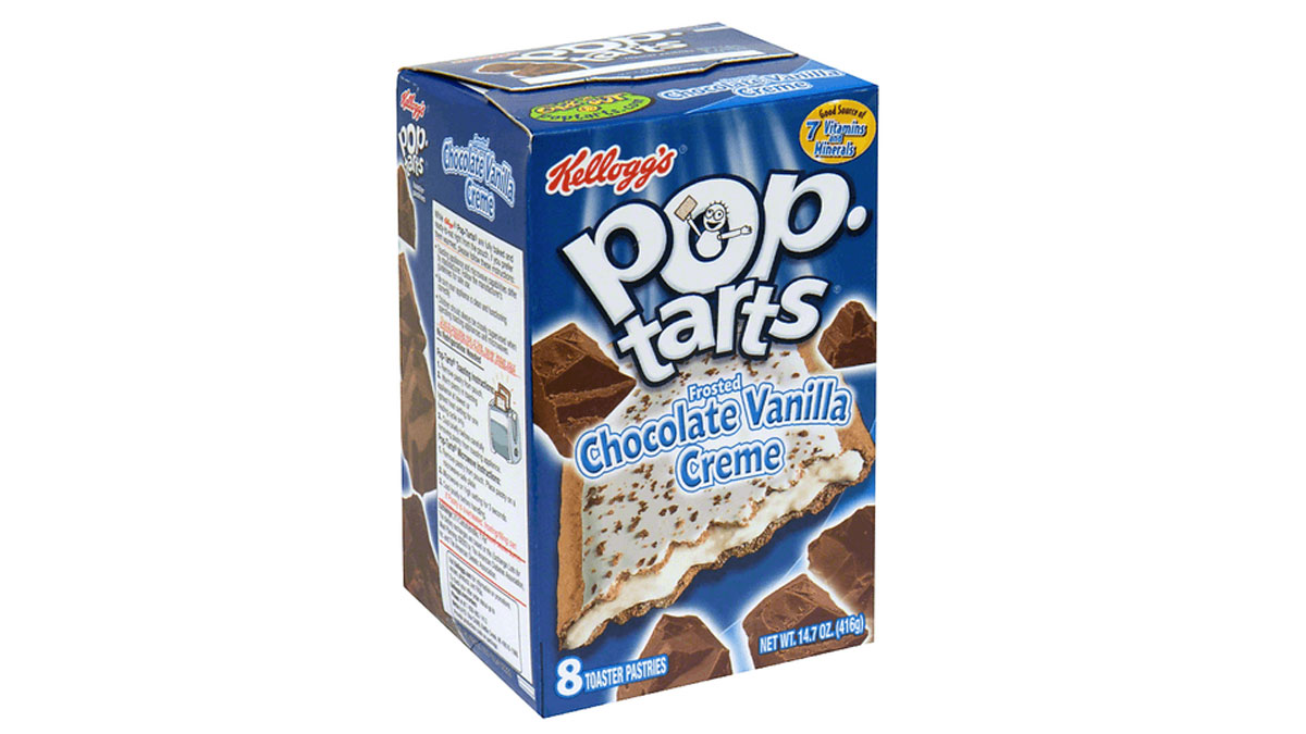 A box of Kelloggs Pop-Tarts featuring the Chocolate Vanilla Creme flavor. The packaging shows an image of the frosted pastries with chocolate and vanilla filling. The box contains 8 toaster pastries, weighing 14.1 oz (400g).