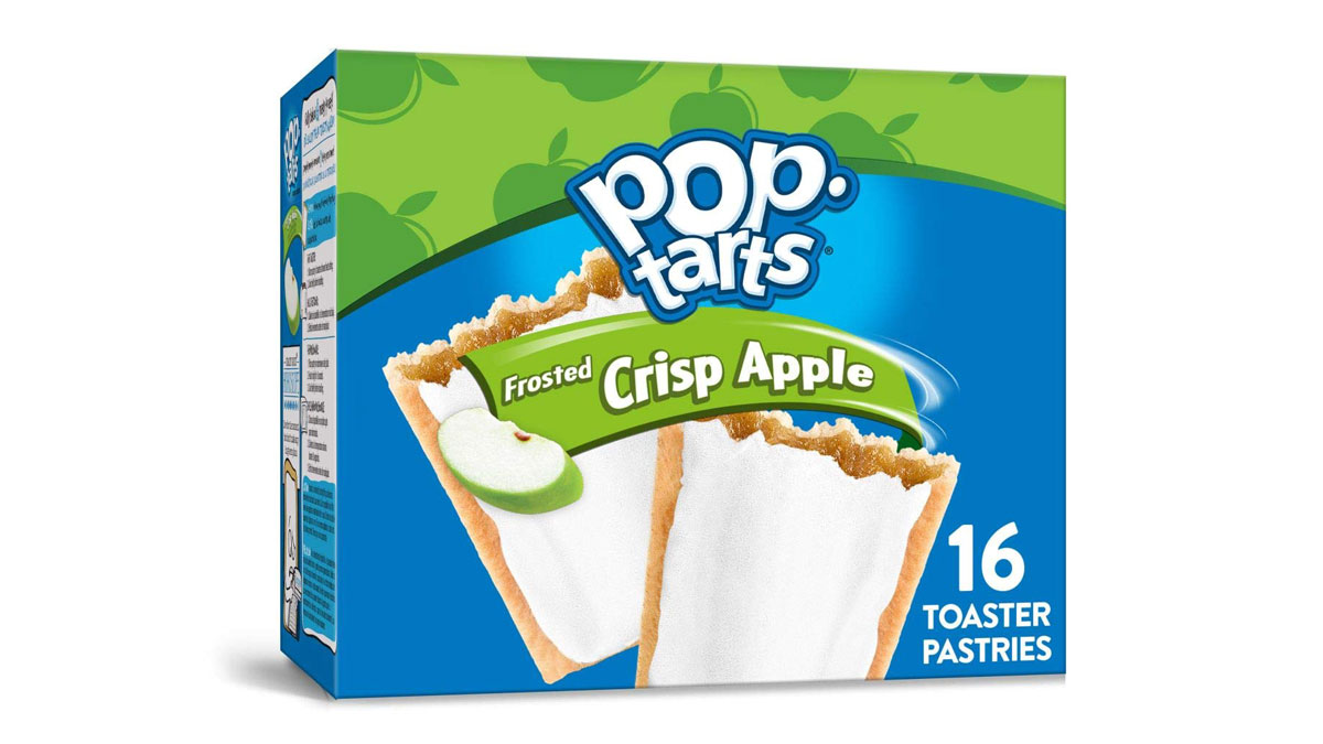 A box of Pop-Tarts Frosted Crisp Apple toaster pastries is displayed. The packaging is green and blue, featuring images of two pastries with white frosting and a slice of green apple. The box contains 16 pastries.