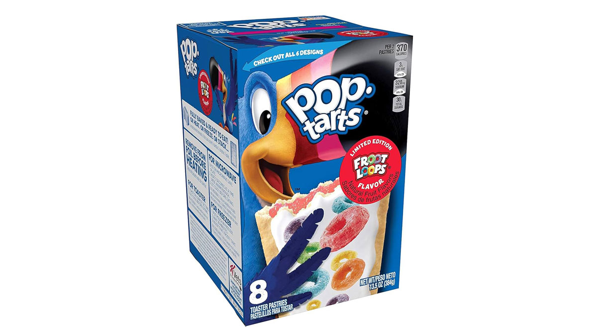 A blue box of limited edition Pop-Tarts with Froot Loops flavor. The front shows a colorful bird character and a Froot Loops-topped pastry. The box contains eight pastries and displays nutritional information on the side.