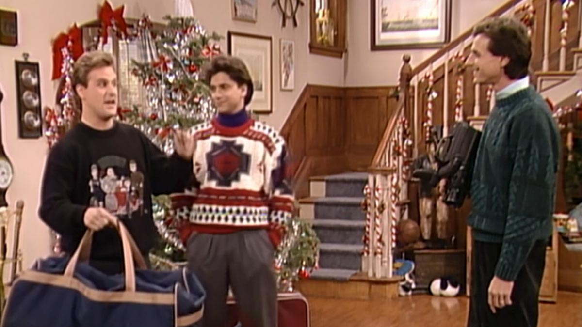 Full house - Joey, Uncle Jesse, and Danny are in the living room in front of the Christmas Tree