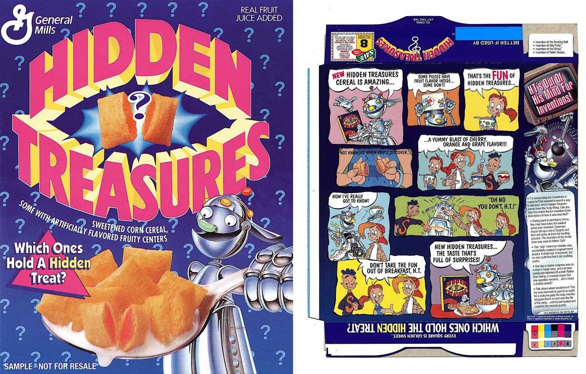 The image showcases the front and back of General Mills Hidden Treasures cereal box. The front features a robot arm holding a cereal piece with a question mark, while the back displays a comic strip with vibrant characters discussing the cereal's mysterious hidden fruit centers.