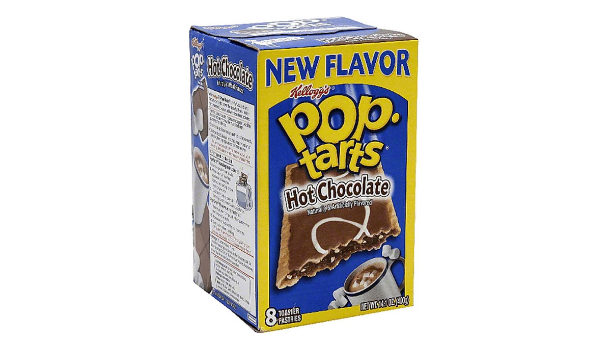 A box of Kelloggs Pop-Tarts featuring the Hot Chocolate flavor. The box is primarily blue and yellow, showcasing a Pop-Tart with chocolate filling and white icing. It contains 8 toaster pastries.