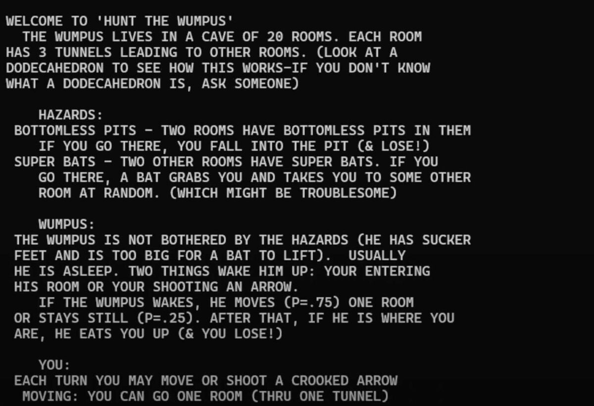 Still from the beginning of Hunt the Wumpus computer game